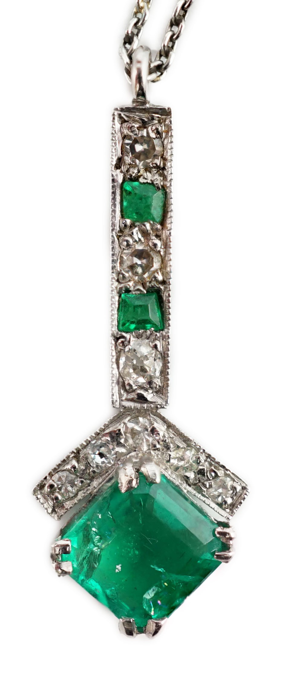 A 1920's platinum?, emerald and diamond set pendant necklace
